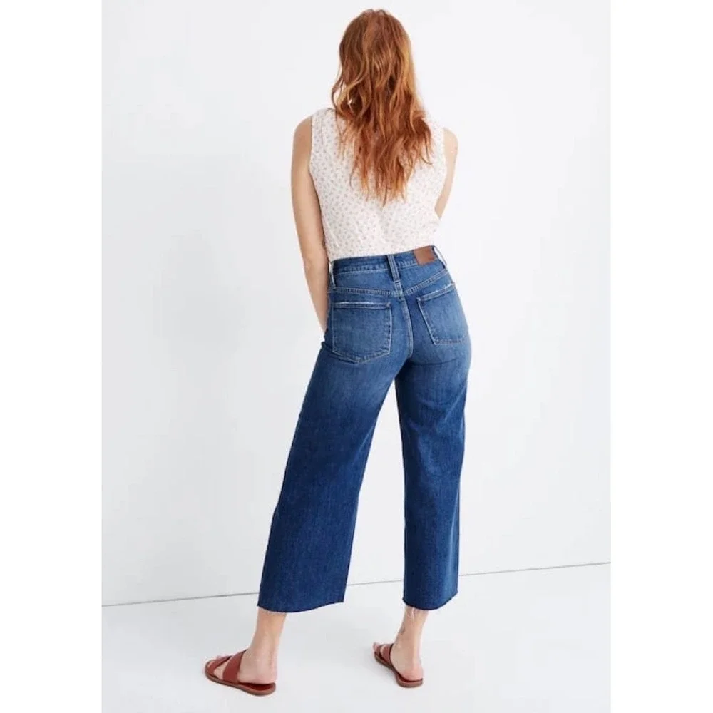 Madewell Emmett Wide-Leg Crop Jeans Blue Raw Hem Patch Pockets NR479 Womens 25